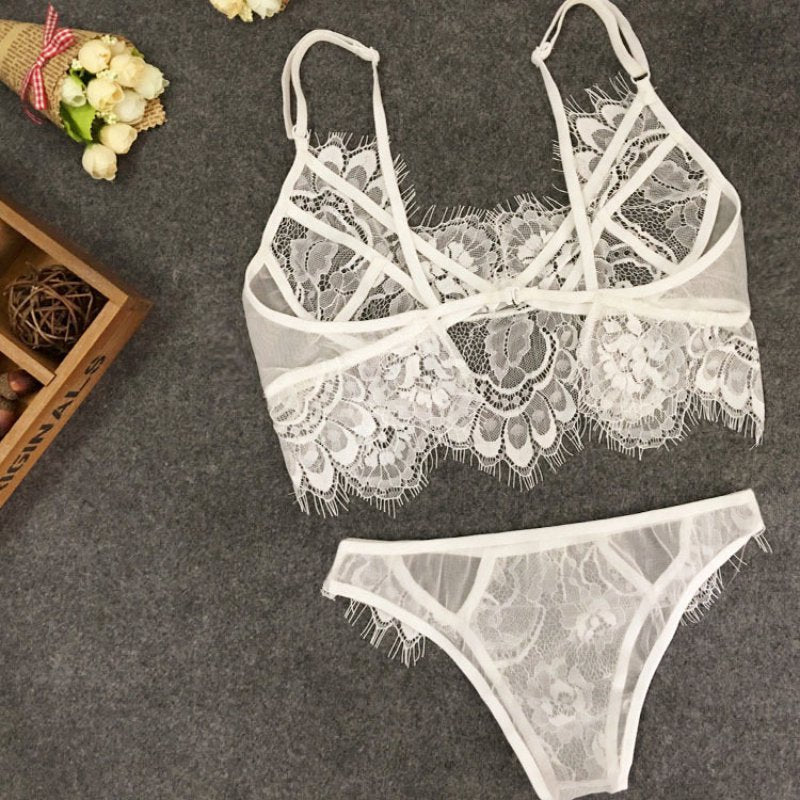 Sexy Bra Lingerie Lace Bras G-string Sheer Unpadded Mesh Bralette Sets Women White Trim Straps Bra Soft Deep V Cross Back Bras