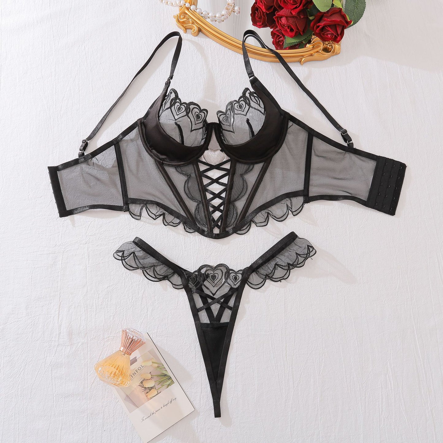 Love embroidery perspective mesh sexy lingerie thong set