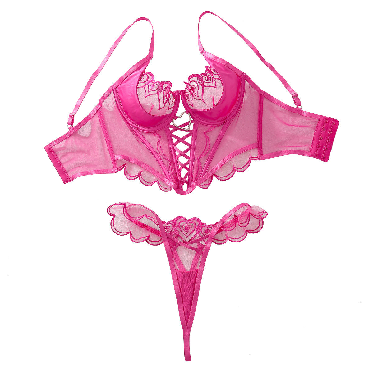Love embroidery perspective mesh sexy lingerie thong set